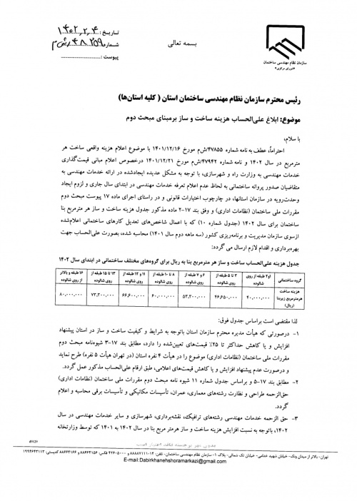 ابلاغ علی الحساب هزینه ساخت و ساز بر مبنای مبحث دوم